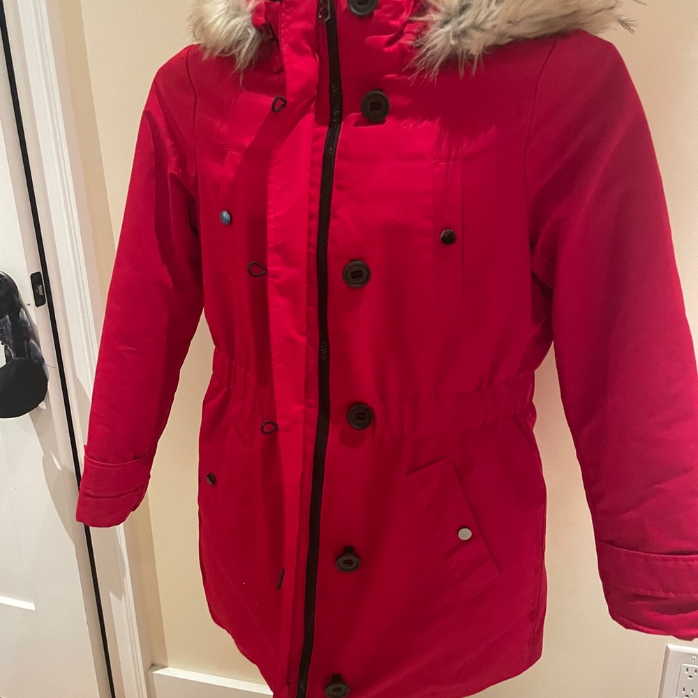 Women's Bold Red Ski Jacket with Faux Fur Hood
